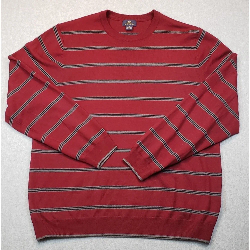 Brooks Brothers 346 Merino Wool Sweater Mens Burgandy‎ Striped Size XL Pullover